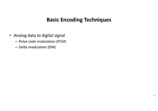 Basic Encoding Techniques
• Analog data to digital signal
– Pulse code modulation (PCM)
– Delta modulation (DM)
38
 