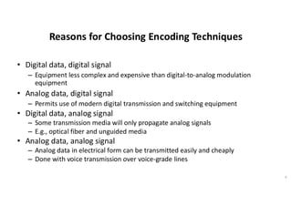 Reasons for Choosing Encoding Techniques
• Digital data, digital signal
– Equipment less complex and expensive than digital-to-analog modulation
equipment
• Analog data, digital signal
– Permits use of modern digital transmission and switching equipment
• Digital data, analog signal
– Some transmission media will only propagate analog signals
– E.g., optical fiber and unguided media
• Analog data, analog signal
– Analog data in electrical form can be transmitted easily and cheaply
– Done with voice transmission over voice-grade lines
6
 