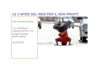 LE 3 SFIDE DEL WEB PER IL NON PROFIT
•La comunicazione

• La struttura
organizzativa e la
progettazione
partecipata
•Le ICT4D

 