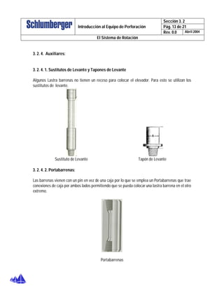 Sección 3. 2
Pág. 13 de 21Introducción al Equipo de Perforación
Rev. 0.0 Abril 2004
El Sistema de Rotación
3. 2. 4. Auxiliares:
3. 2. 4. 1. Sustitutos de Levante y Tapones de Levante
Algunos Lastra barrenas no tienen un receso para colocar el elevador. Para esto se utilizan los
sustitutos de levante.
Sustituto de Levante Tapón de Levante
3. 2. 4. 2. Portabarrenas:
Las barrenas vienen con un pin en vez de una caja por lo que se emplea un Portabarrenas que trae
conexiones de caja por ambos lados permitiendo que se pueda colocar una lastra barrena en el otro
extremo.
Portabarrenas
 