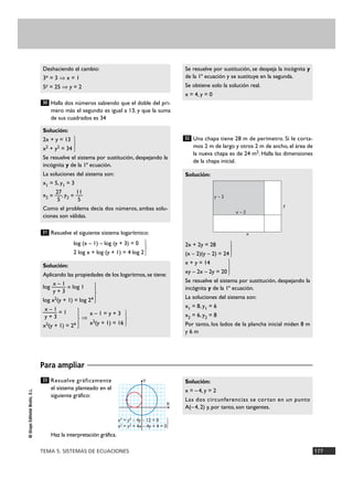TEMA 5. SISTEMAS DE ECUACIONES 177
©GrupoEditorialBruño,S.L.
Halla dos números sabiendo que el doble del pri-
mero más el segundo es igual a 13, y que la suma
de sus cuadrados es 34
Resuelve el siguiente sistema logarítmico:
log (x – 1) – log (y + 3) = 0
2 log x + log (y + 1) = 4 log 2}
Una chapa tiene 28 m de perímetro. Si le corta-
mos 2 m de largo y otros 2 m de ancho, el área de
la nueva chapa es de 24 m2. Halla las dimensiones
de la chapa inicial.
Solución:
2x + 2y = 28
(x – 2)(y – 2) = 24 }
x + y = 14
xy – 2x – 2y = 20 }
Se resuelve el sistema por sustitución, despejando la
incógnita y de la 1ª ecuación.
La soluciones del sistema son:
x1 = 8, y1 = 6
x2 = 6, y2 = 8
Por tanto, los lados de la plancha inicial miden 8 m
y 6 m
32
Se resuelve por sustitución, se despeja la incógnita y
de la 1ª ecuación y se sustituye en la segunda.
Se obtiene solo la solución real.
x = 4, y = 0
Solución:
Aplicando las propiedades de los logaritmos, se tiene:
x – 1
log —— = log 1
y + 3
log x2(y + 1) = log 24 }x – 1
—— = 1 x – 1 = y + 3
y + 3 ò
x2(y + 1) = 24 } x2(y + 1) = 16 }
31
Solución:
2x + y = 13
x2 + y2 = 34 }
Se resuelve el sistema por sustitución, despejando la
incógnita y de la 1ª ecuación.
La soluciones del sistema son:
x1 = 5, y1 = 3
27 11
x2 = —, y2 = —
5 5
Como el problema decía dos números, ambas solu-
ciones son válidas.
30
Deshaciendo el cambio:
3x = 3 ò x = 1
5y = 25 ò y = 2
x
y
y – 2
x – 2
Resuelve gráficamente
el sistema planteado en el
siguiente gráfico:
Haz la interpretación gráfica.
Solución:
x = –4, y = 2
Las dos circunferencias se cortan en un punto
A(–4, 2) y, por tanto, son tangentes.
33
Para ampliar
X
Y
x2 + y2 – 4y – 12 = 0
x2
+ y2
+ 4x – 4y + 4 = 0}
 