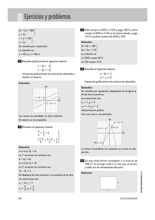 180 SOLUCIONARIO
©GrupoEditorialBruño,S.L.
Ejercicios y problemas
Resuelve gráficamente el siguiente sistema:
x – 2y = 2
x – 2y = –2}
Interpreta gráficamente las soluciones obtenidas y
clasifica el sistema.
Resuelve el siguiente sistema:
+ = 2
+ =
Meli compra 3 DVD y 4 CD, y paga 100 €; y Ana
compra 4 DVD y 3 CD en la misma tienda, y paga
110 €.¿Cuánto cuesta cada DVD y CD?
Resuelve el siguiente sistema:
y – 2x = 1
x2 + y = 4}
Interpreta gráficamente las soluciones obtenidas.
Un piso tiene forma rectangular y su área es de
108 m2. Si el largo mide 3 m más que el ancho,
¿cuáles son las dimensiones del piso?
Solución:
47
Solución:
Se resuelve por igualación, despejando la incógnita y
de las dos ecuaciones.
Las soluciones son:
x1 = 1, y1 = 3
x2 = –3, y2 = –5
Interpretación gráfica:
Son una recta y una parábola.
La recta y la parábola son secantes, se cortan en dos
puntos.
46
Solución:
3x +4y = 100
4x + 3y = 110 }
La solución es:
un DVD cuesta 20 €
un CD cuesta 10 €
45
Solución:
m.c.m.(x, 3) = 3x
La 1ª ecuación se convierte en:
6 + xy = 6x
m.c.m.(5, 2) = 10
La 2ª ecuación se convierte en:
7x – 3y = 5
Se despeja y de esta ecuación y se sustituye en la otra.
Las soluciones son:
x1 = 2, y1 = 3
9 4
x2 = —, y2 = —
7 3
1
2
x – y
2
x + y
5
y
3
2
x
44
Solución:
Las rectas son paralelas; no tiene solución.
El sistema es incompatible.
43
2x + 2y = 300
y = 2x }
x + y = 150
y = 2x }
Se resuelve por sustitución.
La solución es:
x = 50 m, y = 100 m
x – 2y = –2
x – 2y = 2
X
Y
A(1, 3)
B(–3, –5)
y = 2x + 1
y = 4 – x2
X
Y
}
x
y
 