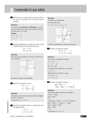 TEMA 5. SISTEMAS DE ECUACIONES 187
©GrupoEditorialBruño,S.L.
Comprueba lo que sabes
Define qué es un sistema de ecuaciones no linea-
les y pon un ejemplo. No es necesario que lo
resuelvas.
Resuelve gráficamente el siguiente sistema lineal
y clasifícalo por el número de soluciones:
2x – y = 1
–4x + 2y = 5}
Resuelve el siguiente sistema:
2x + y = 5
}– =
Resuelve el siguiente sistema e interpreta la solu-
ción gráficamente:
y = 2x – 5
y = x2 – 2x – 2}
Resuelve el siguiente sistema:
2x + 3y = 9
3 · 2x + 2 · 3y = 26}
Resuelve el siguiente sistema:
log x + log y = 1
3 log x – log y = –1 + 4 log 2 }
Solución:
Se suman las dos ecuaciones y se obtiene:
4 log x = 4 log 2
log x = log 2
x = 2
Se sustituye el valor x = 2 en la 1ª ecuación:
log 2 + log y = 1 ò log y = 1 – log 2
log y = log 10 – log 2
log y = log 5
y = 5
La solución es x = 2, y = 5
6
Solución:
Se hacen los cambios de variable:
2x = u, 3y = v
u + v = 9
3u + 2v = 26 }
Se resuelve por sustitución y se obtiene:
u = 8, v = 1
Deshaciendo el cambio, se tiene:
2x = 8 ò x = 3
3y = 1 ò y = 0
5
Solución:
Se resuelve por igualación.
Las soluciones son:
x1 = 3, y1 = 1; x2 = 1, y2 = –3
La recta y la parábola se cortan en dos puntos.
4
Solución:
Se resuelve por sustitución, despejando la incógnita
y de la 1ª ecuación.
La solución es x = 1, y = 3
1
3
4x – y
6
x
2
3
Solución:
Son dos rectas paralelas; por tanto, el sistema no
tiene solución.
El sistema es lineal e incompatible.
2
Solución:
Un sistema de ecuaciones no lineales es un siste-
ma de ecuaciones en el que, por lo menos, hay una
ecuación que no es lineal.
Ejemplo
y = x2 – 6x + 7
y = x – 3 }
1
X
Y
–4x + 2y = 5
2x – y = 1
X
Y
y = 2x – 5
A(3, 1)
B(1, –3)
y = x2 –2x – 2
 
