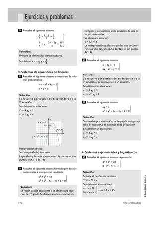 176 SOLUCIONARIO
©GrupoEditorialBruño,S.L.
Ejercicios y problemas
Resuelve el siguiente sistema:
– =
+ y – =
3. Sistemas de ecuaciones no lineales
Resuelve el siguiente sistema e interpreta la solu-
ción gráficamente:
y = –x2 + 4x + 1
x + y = 5 }
Resuelve el siguiente sistema formado por dos cir-
cunferencias e interpreta el resultado:
x2 + y2 = 18
x2 + y2 – 4x – 4y + 6 = 0}
Resuelve el siguiente sistema:
x – 3y = –5
xy – 2x – y = 1}
Resuelve el siguiente sistema:
xy = 3
x2 + y2 – 4x – 4y + 6 = 0}
4. Sistemas exponenciales y logarítmicos
Resuelve el siguiente sistema exponencial:
3x + 5y = 28
8 · 3x – 5y
= –1 }
Solución:
Se hace el cambio de variables:
3x = u, 5y = v
Se obtiene el sistema lineal:
u + v = 28
ò u = 3,v = 25
8u – v = –1 }
29
Solución:
Se resuelve por sustitución, se despeja la incógnita y
de la 1ª ecuación, y se sustituye en la 2ª ecuación.
Se obtienen las soluciones:
x1 = 3, y1 = 1
x2 = 1, y2 = 3
28
Solución:
Se resuelve por sustitución, se despeja x de la
1ª ecuación y se sustituye en la 2ª ecuación.
Se obtienen las soluciones:
x1 = 4, y1 = 3
x2 = –2, y2 = 1
27
incógnita y se sustituye en la ecuación de una de
las circunferencias.
Se obtiene la solución:
x = 3, y = 3
La interpretación gráfica es que las dos circunfe-
rencias son tangentes. Se cortan en un punto,
A(3, 3)
Solución:
Se restan las dos ecuaciones y se obtiene una ecua-
ción de 1er grado. Se despeja en esta ecuación una
26
Solución:
Se resuelve por igualación despejando y de la
2ª ecuación.
Se obtienen las soluciones:
x1 = 4, y1 = 1
x2 = 1, y2 = 4
Interpretación gráfica:
Son una parábola y una recta.
La parábola y la recta son secantes. Se cortan en dos
puntos: A(4, 1) y B(1, 4)
25
Solución:
Primero se eliminan los denominadores.
1 2
Se obtiene: x = –—, y = —
3 3
19
12
2x – 5y
6
1
4
1
6
x – y
3
x
2
24
}
B(1, 4)
A(4, 1)
y = –x2 + 4x + 1
x + y = 5
X
Y
 