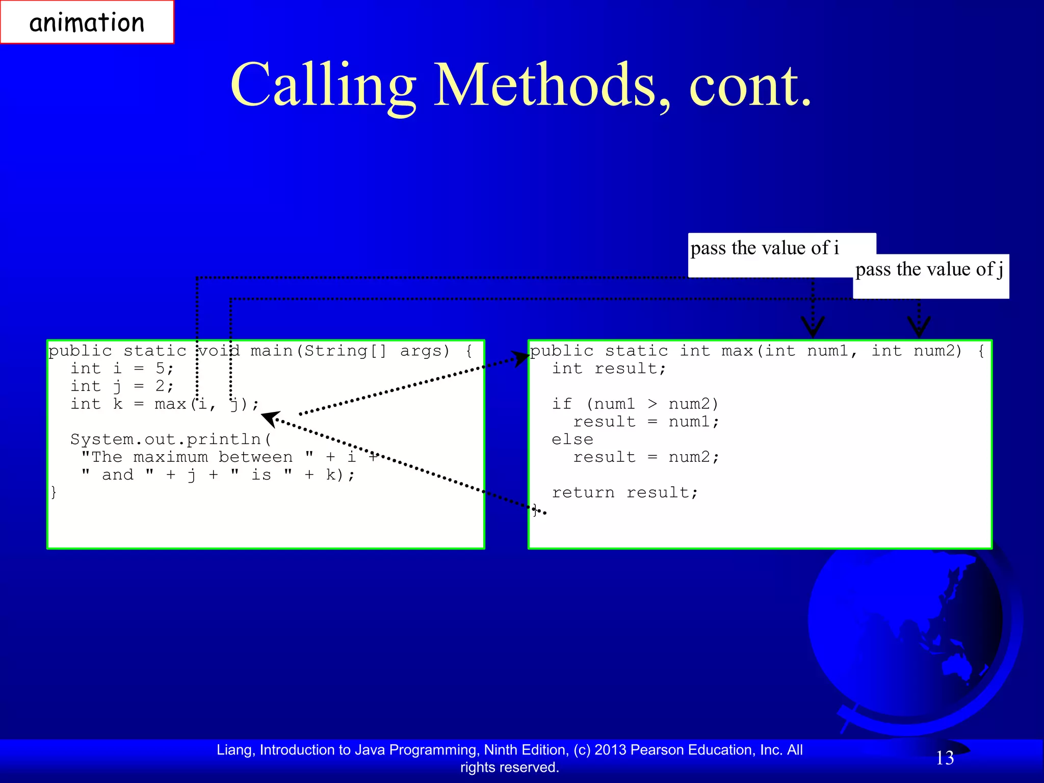 animation

                    Calling Methods, cont.

                                                                                            pass the value of i
                                                                                                                  pass the value of j


 public static void main(String[] args) {                          public static int max(int num1, int num2) {
   int i = 5;                                                        int result;
   int j = 2;
   int k = max(i, j);                                                  if (num1 > num2)
                                                                         result = num1;
     System.out.println(                                               else
      "The maximum between " + i +                                       result = num2;
      " and " + j + " is " + k);
 }                                                                     return result;
                                                                   }




                  Liang, Introduction to Java Programming, Ninth Edition, (c) 2013 Pearson Education, Inc. All
                                                       rights reserved.
                                                                                                                            13
 
