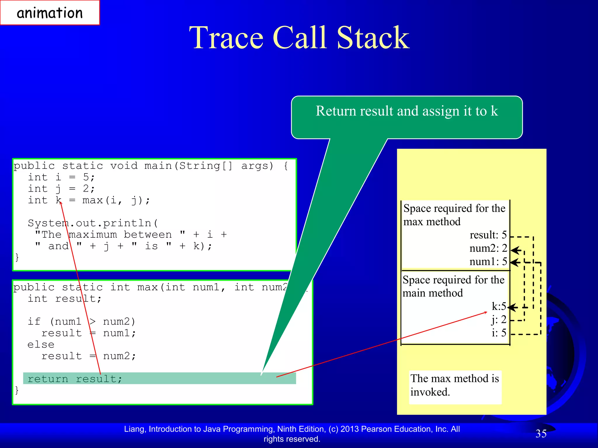 animation

                                      Trace Call Stack

                                                                         Return result and assign it to k


public static void main(String[] args) {
  int i = 5;
  int j = 2;
  int k = max(i, j);
                                                                                                 Space required for the
    System.out.println(                                                                          max method
     "The maximum between " + i +                                                                              result: 5
     " and " + j + " is " + k);                                                                                num2: 2
}                                                                                                              num1: 5
                                                                                                 Space required for the
public static int max(int num1, int num2) {
  int result;                                                                                    main method
                                                                                                                    k:5
    if (num1 > num2)                                                                                                j: 2
      result = num1;                                                                                                i: 5
    else
      result = num2;
    return result;                                                                                 The max method is
}                                                                                                  invoked.


                     Liang, Introduction to Java Programming, Ninth Edition, (c) 2013 Pearson Education, Inc. All
                                                          rights reserved.
                                                                                                                           35
 