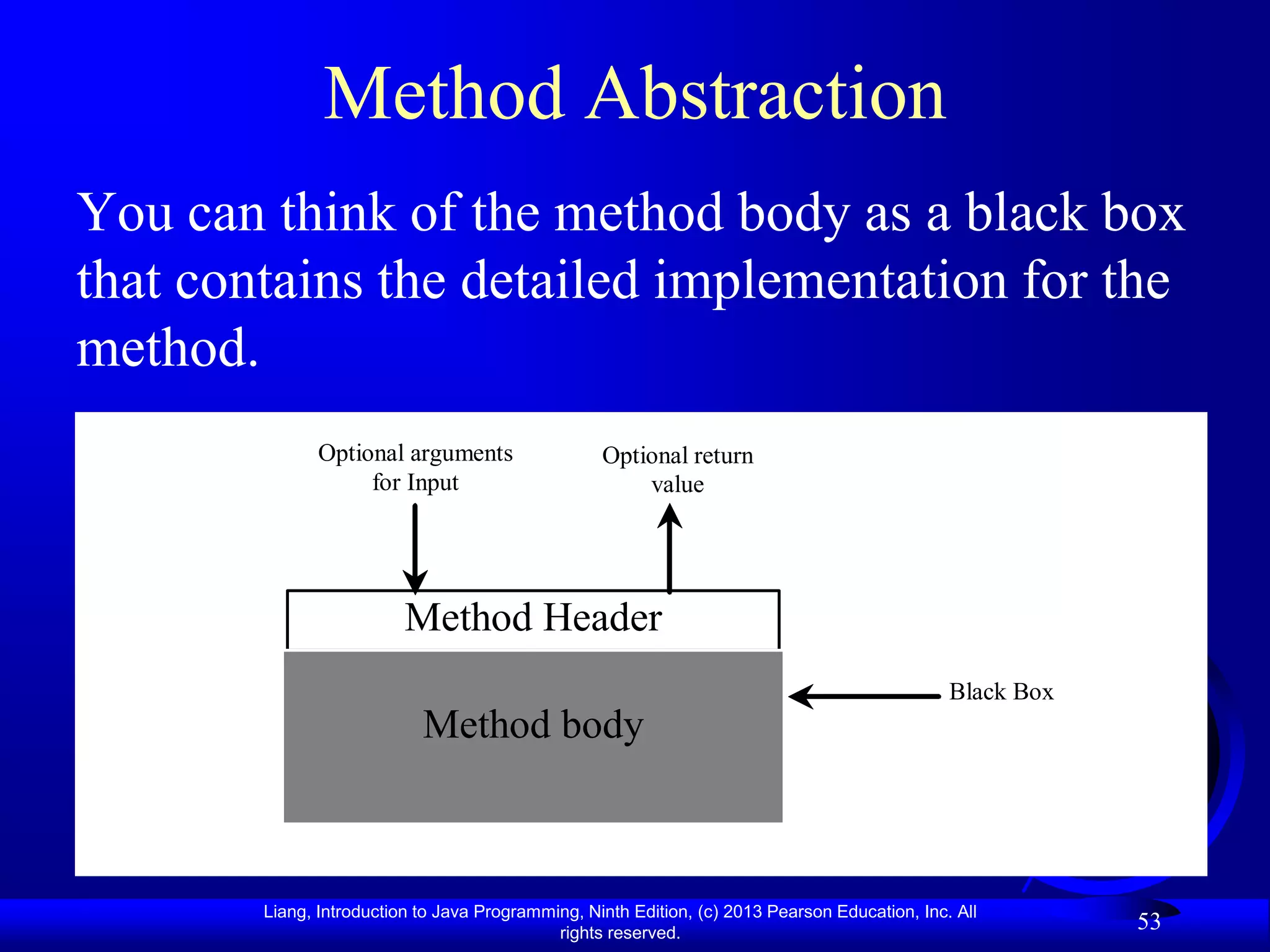 Method Abstraction
You can think of the method body as a black box
that contains the detailed implementation for the
method.
               Optional arguments                  Optional return
                    for Input                          value




                          Method Header
                                                                                                Black Box
                            Method body



        Liang, Introduction to Java Programming, Ninth Edition, (c) 2013 Pearson Education, Inc. All
                                             rights reserved.
                                                                                                            53
 