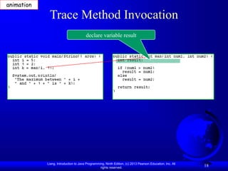 Liang, Introduction to Java Programming, Ninth Edition, (c) 2013 Pearson Education, Inc. All
rights reserved.
18
Trace Method Invocation
declare variable result
animation
 