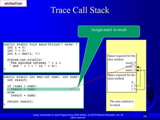 Liang, Introduction to Java Programming, Ninth Edition, (c) 2013 Pearson Education, Inc. All
rights reserved.
34
Trace Call Stack
Assign num1 to result
The max method is
invoked.
Space required for the
max method
result: 5
num2: 2
num1: 5
Space required for the
main method
k:
j: 2
i: 5
animation
 