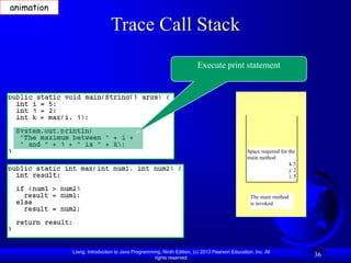 Liang, Introduction to Java Programming, Ninth Edition, (c) 2013 Pearson Education, Inc. All
rights reserved.
36
Trace Call Stack
Execute print statement
The main method
is invoked.
Space required for the
main method
k:5
j: 2
i: 5
animation
 