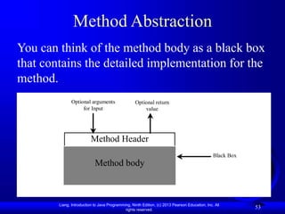 Liang, Introduction to Java Programming, Ninth Edition, (c) 2013 Pearson Education, Inc. All
rights reserved.
53
Method Abstraction
You can think of the method body as a black box
that contains the detailed implementation for the
method.
Method Header
Method body
Black Box
Optional arguments
for Input
Optional return
value
 