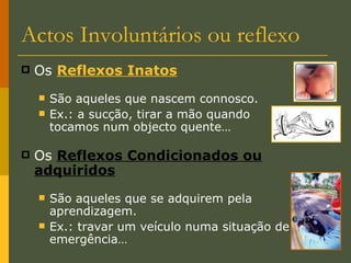Actos Involuntários ou reflexo Os  Reflexos Inatos São aqueles que nascem connosco. Ex.: a sucção, tirar a mão quando tocamos num objecto quente… Os  Reflexos Condicionados ou adquiridos São aqueles que se adquirem pela aprendizagem. Ex.: travar um veículo numa situação de emergência… 