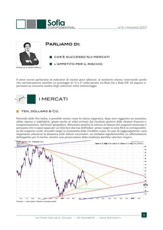 n°5 / maggio 2017
1
Parliamo di:
Il mese scorso parlavamo di indicatori di rischio poco allineati: al momento stiamo osservando quello
che calcisticamente sarebbe un punteggio di “2 a 2” nella partita tra Risk-On e Risk-Off. Di seguito ri-
portiamo la consueta analisi degli indicatori sotto monitoraggio.
cos’è successo sui mercati
l’appetito per il rischio
I MERCATI
Partendo dallo Yen Index, è possibile notare come la valuta nipponica, dopo aver raggiunto un massimo,
abbia ripreso a indebolirsi, grazie anche al relief arrivato dal risultato positivo delle elezioni francesi e,
temporaneamente, dal fronte geopolitico. Riteniamo positiva la rottura al ribasso del supporto arancione e
pensiamo che ci siano spazi per un’ulteriore discesa dell’Indice: primo target in area 86.6 in corrisponden-
za del supporto verde, secondo target in prossimità della trendline rossa. In caso di raggiungimento, sarà
importante valutarne la dinamica nelle sedute successive: un rimbalzo significherebbe un affievolimento
dell’appetito per il rischio, mentre una prosecuzione della tendenza darebbe ulteriore respiro.
Yen, dollaro & Co.
Figura 1 – Yen Index, Grafico Giornaliero
Gianluca Venturelli
via Fiori Oscuri 5, Milano - 02 43446975 - www.sofiagp.it
 