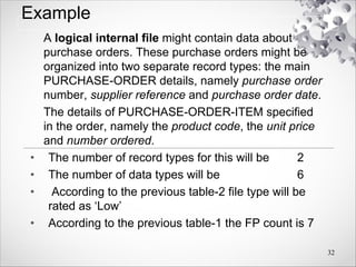Example
A logical internal file might contain data about
purchase orders. These purchase orders might be
organized into two separate record types: the main
PURCHASE-ORDER details, namely purchase order
number, supplier reference and purchase order date.
The details of PURCHASE-ORDER-ITEM specified
in the order, namely the product code, the unit price
and number ordered.
• The number of record types for this will be 2
• The number of data types will be 6
• According to the previous table-2 file type will be
rated as ‘Low’
• According to the previous table-1 the FP count is 7
32
 