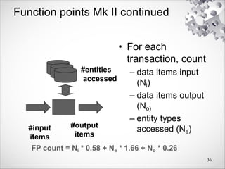 Function points Mk II continued
• For each
transaction, count
– data items input
(Ni)
– data items output
(No)
– entity types
accessed (Ne)
36
#entities
accessed
#input
items
#output
items
FP count = Ni * 0.58 + Ne * 1.66 + No * 0.26
 