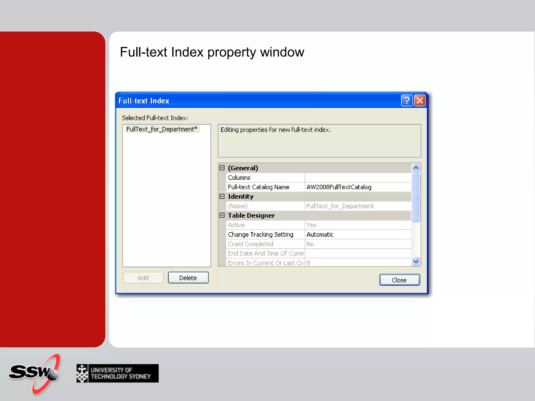 Full-text Index property window