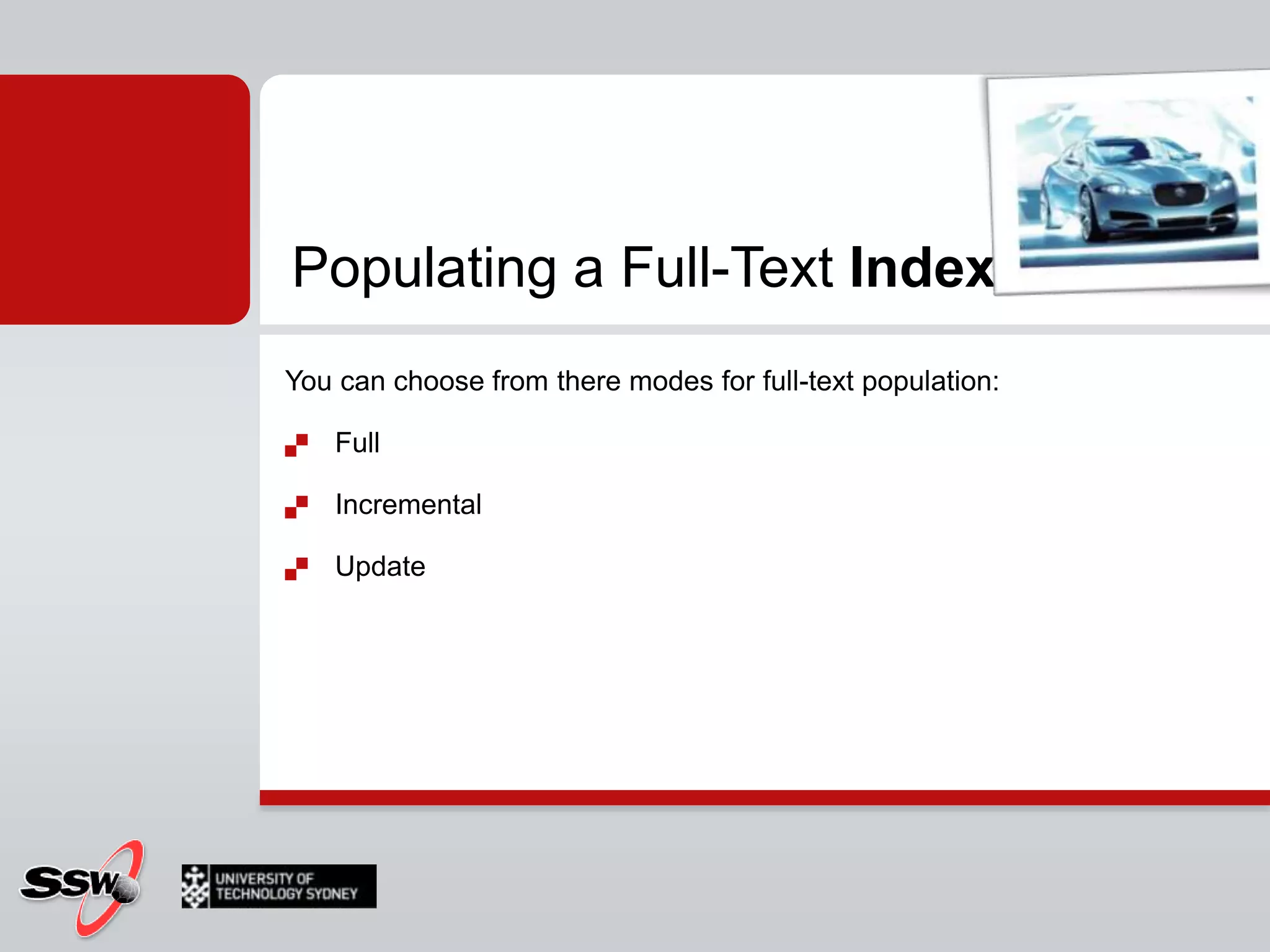 	Because of the external structure for storing full-text indexes, changes to underlying data columns are not immediately reflected in the full-text index. Instead, a background process enlists the word breakers, filters and noise word filters to build the tokens for each column, which are then merged back into the main index either automatically or manually. This update process is called population or a crawl. To keep your full-text indexes up to date, you must periodically populate them.Populating a Full-Text Index