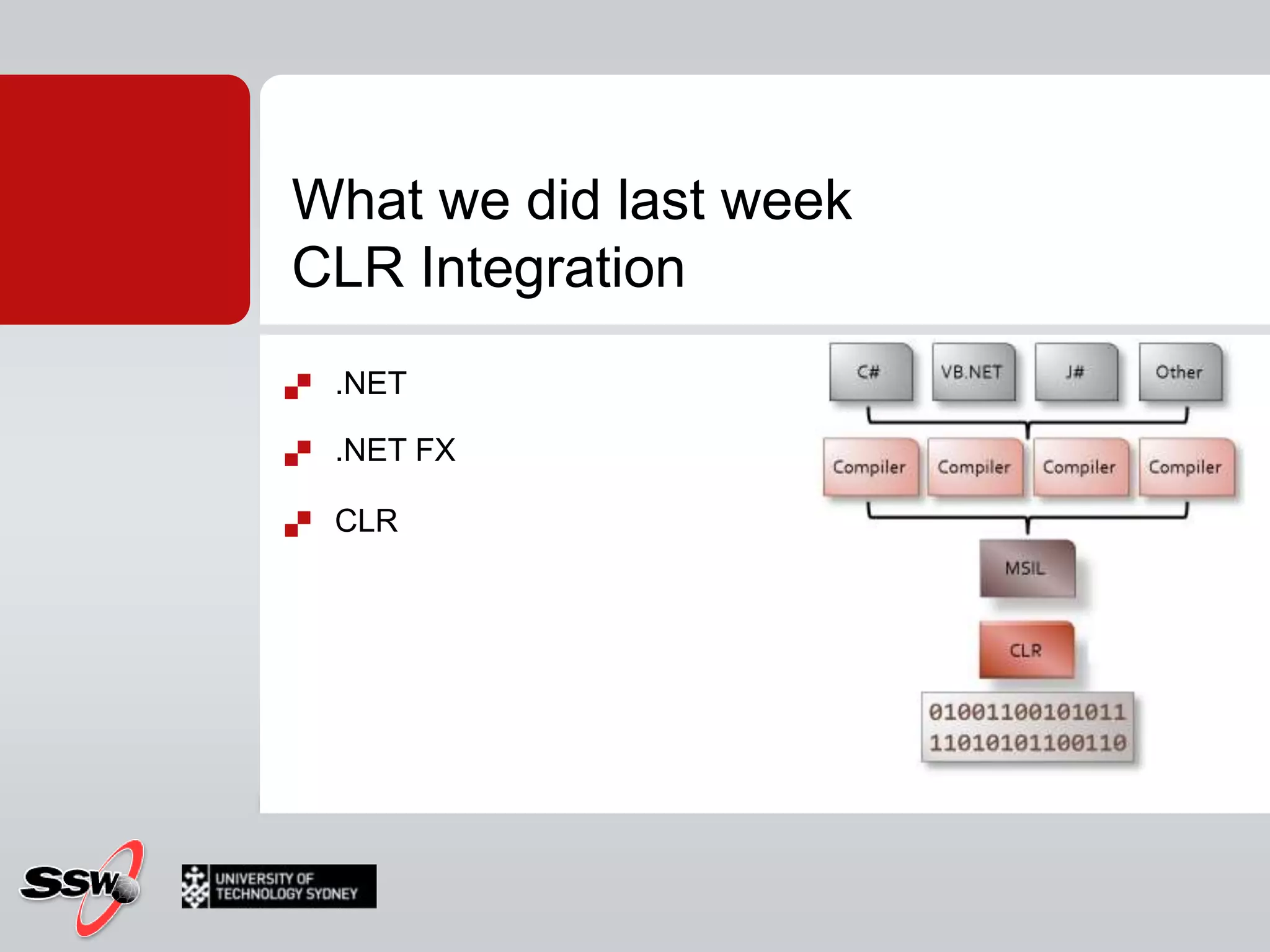What we did last weekCLR Integration.NET.NET FXCLR