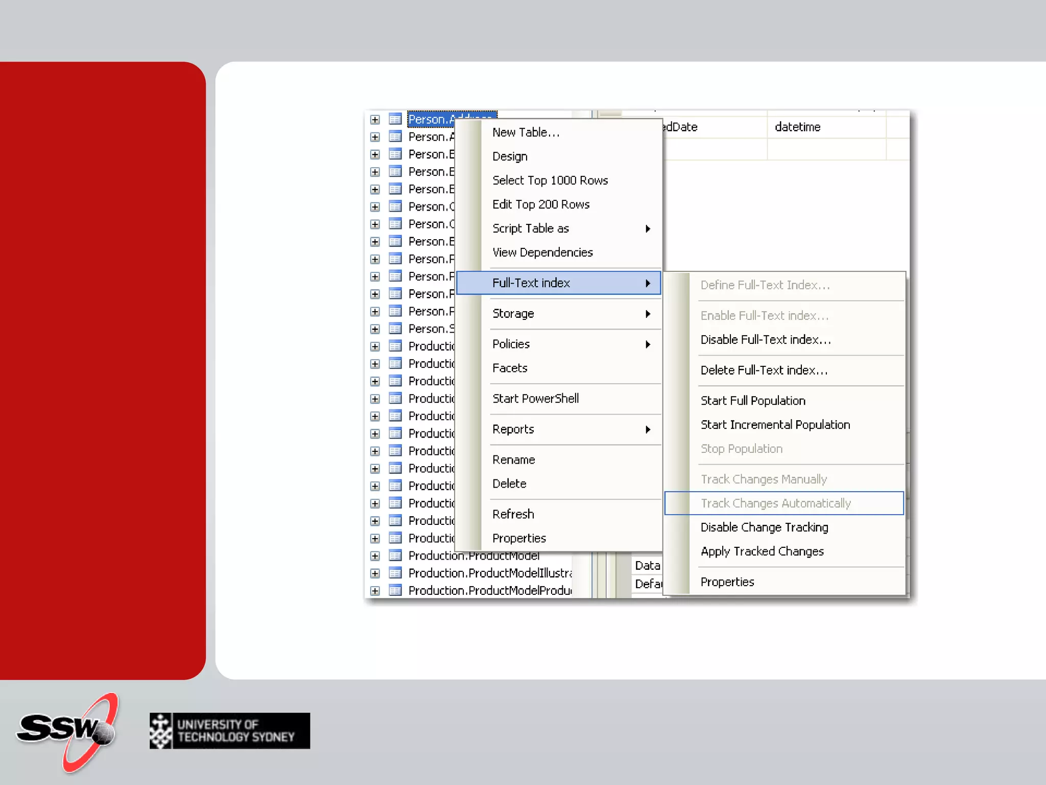 Populating a Full-Text CatalogExampleUSE AdventureWorks_FulllText; ALTER FULLTEXT CATALOG AdventureWorks_FullTextCatalogREBUILD WITH ACCENT_SENSITIVITY=OFF;-- Check AccentsensitivitySELECT FULLTEXTCATALOGPROPERTY('AdventureWorks_FullTextCatalog', 'accentsensitivity');