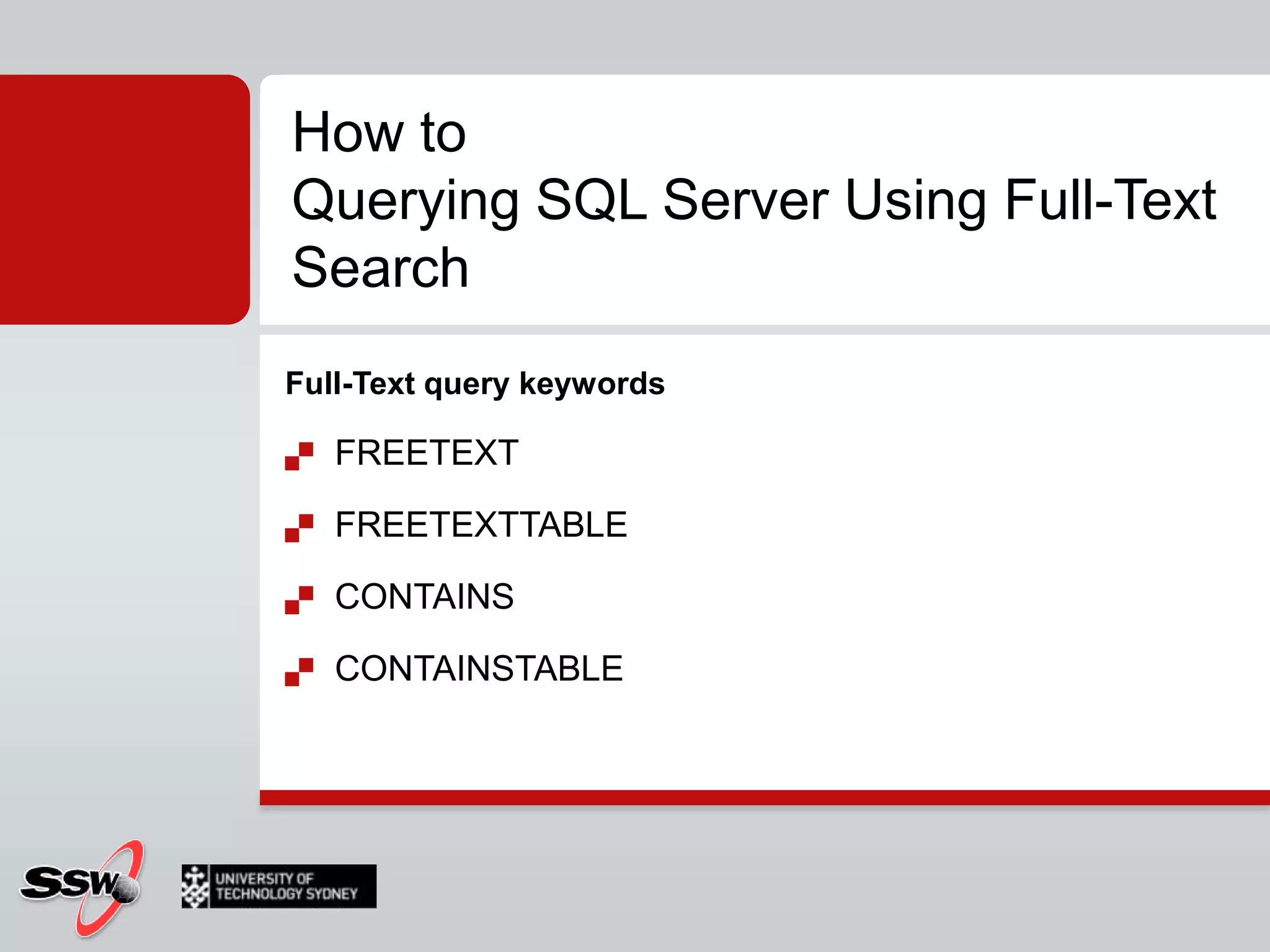 Managing Population SchedulesIn SQL 2000, full text catalogs could only be populated on specified schedulesSQL 2005/2008 can track database changes and keep the catalog up to date, with a minor performance hit