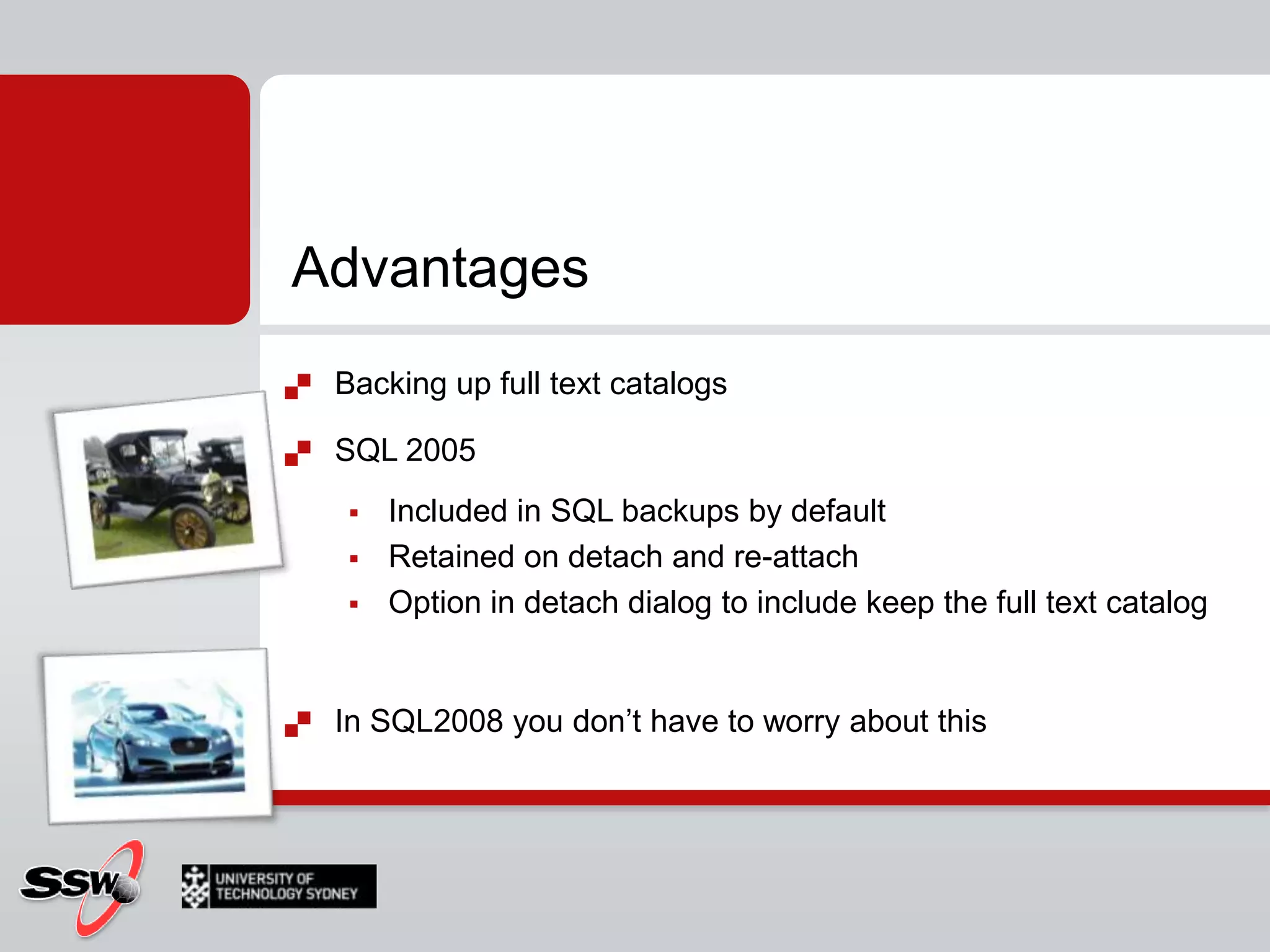 Weighted termsEach word can be given a rankCan be combined with simple, prefix, generation and proximity termse.g.CONTAINS(Column, 'ISABOUT(	performance weight(.8),	comfortable weight(.4))')CONTAINS(Column, 'ISABOUT(	FORMSOF(INFLECTIONAL, "performance") weight (.8),	FORMSOF(INFLECTIONAL, "comfortable") weight (.4))')