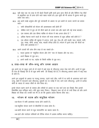 SSRP LG Science-IX 2014-15
10
8-2- ;gh [ksy ,d u, rjg ls Hkh [ksyks ftlesa —f’k dk;Z }kjk izkIr phtsa gksa vkSj fofHkUu isM+ ikS/kksa
ls izk—frd :Ik ls izkIr gksus okys [kk| inkFkZ gksaA bl lwph dh Hkh vkil esa rqyuk djrs gq,
Ldksj irk djksA
8-3- vc vius lk>s vuqHko vkSj iwoZ tkudkjh ds vk/kkj ij bu iz”uksa ds mRrj tkuus dk iz;kl
djks&
1- lHkh tho/kkfj;ksa dks Hkkstu dh vko”;drk D;ksa gksrh gS
2- pkSchl ?k.Vs esa rqe tks Hkh phtsa [kkrs gks muds uke vkSj xzg.k dh xbZ ek=k crkvksA
3- ,d LoLF; vkSj ,d chekj O;fDr ds Hkkstu esa D;k vUrj gksrk gS 
4- vf/kd esgur djus okyksa ds Hkkstu dh ek=k lkekU; ls dqN vf/kd D;ksa gksrh gS 
5- ,d vkSlr O;fDr dh [kqjkd esa vukt] nkysa] nw/k] rsy&?kh] gjh lCth] Qy] elkys] ikuh]
xqM+] ued] phuh] v.Mk] ekal] eNyh oxSjg gksrk gSA Hkkstu esa brus rjg dh phtksa dk
gksuk D;ksa vko”;d gS 
8-4- vius mRrjksa dh tkap rhu rjg ls dj ldrs gks&
1- ikB~; iqLrd ds Þlarqfyr Hkkstu vkSj jksxß ikB ls ns[kdj vkSj i< djA
2- vius f”k{kd ls iwN djA
3- vius lkFkh ;k ?kj] iM+ksl ds fdlh O;fDr ls iwN djA
9- rjg&rjg ds tho&tUrq vkSj mudk vkgkj
Rkqe vius ?kj ls Ldwy tkrs gks rks jkLrs esa dbZ rjg ds thotUrq t:j ns[k ikrs gksxsA buesa ls dqN
rks jkst gh fn[kkbZ nsrs gSa rks dqN dHkh dHkh gh fn[kkbZ nsrs gSaA ;s thotUrq vkdkj izdkj esa dbZ rjg
ds gksrs gSaA
vius bu vuqHkoksa ds vk/kkj ij Ikkyrw tkuoj] mM+us okys tho] ikuh esa ;k ikuh ds vklikl jgus okys
tUrq] [ksrksa esa ik,tkus okys thotUrq] rqEgkjh ?kj ;k jlksbZ esa ik, tkus okys thotUrq& buesa ls izR;sd
Js.kh ds T;knk ls T;knk thoksa ds uke fy[k yksA
bUkds Hkkstu xzg.k djus ds LoHkko vkSj rjhdksa ds vk/kkj ij ,d pkVZ cuk dj fy[kks] fQj budks
fo”ysf’kr rFkk oxhZ—r djksA ;fn dqN Li’V fu;e@ fl)kUr mHkj jgsa gks rks mUgsa fy[k yks vkSj vius
f”k{kd dks fn[kk dj mudh jk; Hkh ys yks fd rqEgkjk iz;kl fdruk Bhd jgkA
10- Hkkstu ds ?kVd vkSj larqfyr Hkkstu
⇒Hkkstu esa lHkh vko”;d ?kVd gksus t:jh gSaA
⇒Lakrqfyr Hkkstu djus ls chekfj;ksa ls cpko gksrk gSA
⇒Ckklh Hkkstu djus ls QwM Iok;tfuax dk [krjk jgrk gSA
⇒nkysa vkSj iRrsnkj lfCt;ksa dks nSfud Hkkstu esa vo”; “kkfey djuk pkfg,A
 