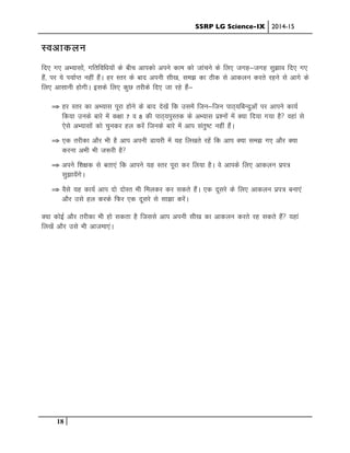 SSRP LG Science-IX 2014-15
18
Lovkdyu
fn, x, vH;klksa] xfrfof/k;ksa ds chp vkidks vius dke dks tkapus ds fy, txg&txg lq>ko fn, x,
gSa] ij ;s Ik;kZIr ugha gSaA gj Lrj ds ckn viuh lh[k] le> dk Bhd ls vkdyu djrs jgus ls vkxs ds
fy, vklkuh gksxhA blds fy, dqN rjhds fn, tk jgs gSa&
⇒ gj Lrj dk vH;kl iwjk gksus ds ckn ns[ksa fd mleas ftu&ftu ikB~;fcUnqvksa ij vkius dk;Z
fd;k muds ckjs esa d{kk 7 o 8 dh ikB~;iqLrd ds vH;kl iz”uksa esa D;k fn;k x;k gS ogka ls
,sls vH;klksa dks pqudj gy djsa ftuds ckjs esa vki larq’V ugha gSaA
⇒ ,d rjhdk vkSj Hkh gS vki viuh Mk;jh esa ;g fy[krs jgsa fd vki D;k le> x, vkSj D;k
djuk vHkh Hkh t:jh gS
⇒ vius f”k{kd ls crk,a fd vkius ;g Lrj iwjk dj fy;k gSA os vkids fy, vkdyu izi=
lq>k;saxsA
⇒ oSls ;g dk;Z vki nks nksLr Hkh feydj dj ldrs gSaaA ,d nwljs ds fy, vkdyu izi= cuk,a
vkSj mls gy djds fQj ,d nwljs ls lk>k djsaA
D;k dksbZ vkSj rjhdk Hkh gks ldrk gS ftlls vki viuh lh[k dk vkdyu djrs jg ldrs gSa ;gka
fy[ksa vkSj mls Hkh vktek,aA
 