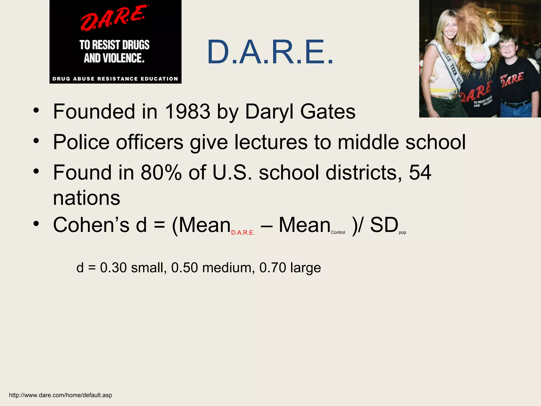 D.A.R.E.
        • Founded in 1983 by Daryl Gates
        • Police officers give lectures to middle school
        • Found in 80% of U.S. school districts, 54
          nations
        • Cohen’s d = (Mean – Mean )/ SD       D.A.R.E.          Control   pop




                       d = 0.30 small, 0.50 medium, 0.70 large




http://www.dare.com/home/default.asp
 