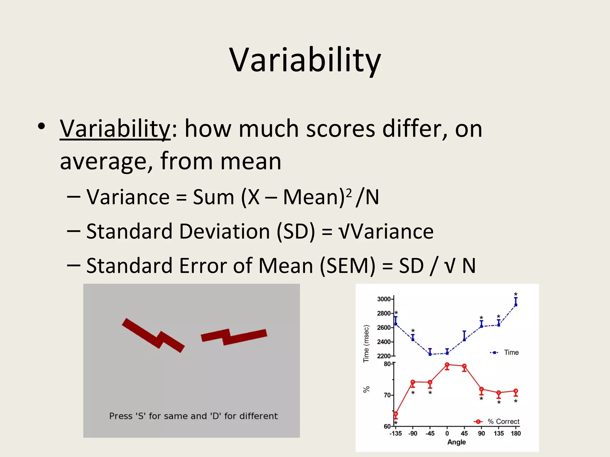 Variability
• Variability: how much scores differ, on
  average, from mean
  – Variance = Sum (X – Mean)2 /N
  – Standard Deviation (SD) = √Variance
  – Standard Error of Mean (SEM) = SD / √ N
 