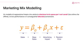 Un modello di regressione lineare che valuta la relazione tra la spesa per i vari canali (sia online che
offline), le loro performance e il conseguente fatturato/conversioni.
Marketing Mix Modelling
 