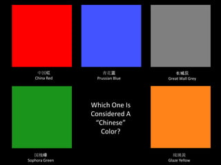 中国红             青花蓝              长城灰
   China Red     Prussian Blue   Great Wall Grey




                Which One Is
                Considered A
                 “Chinese”
                   Color?


   国槐绿                             琉璃黄
Sophora Green                    Glaze Yellow
 