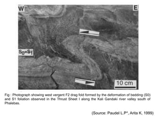 Fig : Photograph showing west vergent F2 drag fold formed by the deformation of bedding (S0)
and S1 foliation observed in the Thrust Sheet I along the Kali Gandaki river valley south of
Phalebas.
(Source: Paudel L.P*, Arita K, 1999)
 