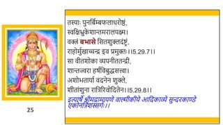 25
तस्याः पुनर्छितम्बफलाधरोष्ठं,
िर्छक्षभ्रुक
े र्ान्तमरालपक्ष्म।
वक्त्रं बभासे र्छसतर्ुक्लदंष्टरं,
राहोमुतखमाच्चन्द्र इव प्रमुक्तः ।।5.29.7।।
सा वीतर्ोका व्पनीततन्द्री,
र्ान्तज्वरा हषतर्छविुद्धसत्त्वा।
अर्ोितायात वदनेन र्ुक्ले,
र्ीतांर्ुना रार्छिररवोर्छदतेन।।5.29.8।।
इत्याषे श्रीमद्रामायणे वाल्मीकीये आर्छदकाव्े सुन्दरकाण्डे
एकोनर्छिंर्स्सगतः ।।
 