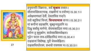 27
हनुमानर्छप र्छवक्रान्तः , सवं शुश्रा तत्त्वतः ।
सीतायास्विजटायाि, राक्षसीनां च तजतनम।।5.30.1।।
अवेक्षमाणस्तां देवीं, देवतार्छमव नन्दने।
ततो िहुर्छवधां र्छचन्तां, वचििामास वानरः ।।5.30.2।।
यां कपीनां सहस्रार्छण, सुिहून्ययुतार्छन च।
र्छदक्षु सवातसु मागतन्ते, सेयमासार्छदता मया।।5.30.3।।
चारेण तु सुयुक्तेन, र्िोश्शस्वक्तमवेक्षता।
गूढेन चरता ताव-दवेर्छक्षतर्छमदं मया।।5.30.4।।
राक्षसानां र्छवर्ेषि, पुरी चेयमवेर्छक्षता।
राक्षसार्छधपतेरस्य, प्रिावो रावणस्य च।।5.30.5।।
 