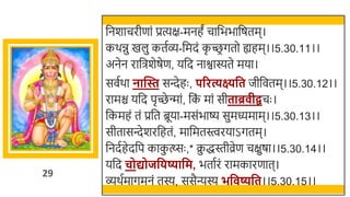 29
र्छनर्ाचरीणां प्रत्यक्ष-मनहं चार्छििार्छषतम।
कर्िु खमलु कततव्-र्छमदं क
ृ च्छ
र गतो ह्यहम।।5.30.11।।
अनेन रार्छिर्ेषेण, यर्छद नाश्वास्यते मया।
सवतर्ा नान्ति सन्देहः , पररत्यक्ष्यवत जीर्छवतम।।5.30.12।।
रामि यर्छद पृच्छे न्मां, र्छक
ं मां सीताब्र ीद्वचः ।
र्छकमहं तं प्रर्छत ब्रूया-मसंिाष्य सुमध्यमाम।।5.30.13।।
सीतासन्देर्रर्छहतं, मार्छमतस्त्वरयाऽगतम।
र्छनदतहेदर्छप काक
ु त्य्सः ,* क्र
ु द्धस्तीव्रेण चक्षुषा।।5.30.14।।
यर्छद चोद्योजविष्यावम, ितातरं रामकारणात।
व्र्तमागमनं तस्य, ससैन्यस्य भव ष्यवत।।5.30.15।।
 