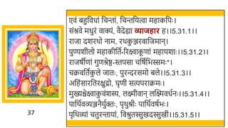 37
एवं िहुर्छवधां र्छचन्तां, र्छचन्तर्छयत्वा महाकर्छपः ।
संश्रवे मधुरं वाक्यं, वैदेह्या व्याजहार ह।।5.31.1।।
राजा दर्रर्ो नाम, रर्क
ु ञ्जरवार्छजमान।
पुण्यर्ीलो महाकीर्छतत-ररक्ष्वाक
ू णां महायर्ाः ।।5.31.2।।
राजषीणां गुणश्रेष्ठ-स्तपसा चर्छषतर्छिस्समः *।
चक्रवर्छततक
ु ले जातः , पुरन्दरसमो िले।।5.31.3।।
अर्छहंसारर्छतरक्षुद्रो, घृणी सत्यपराक्रमः ।
मुख्यिेक्ष्वाक
ु वंर्स्य, लक्ष्मीवान लस्वक्ष्मवधतनः ।।5.31.4।।
पार्छर्तवव्ञ्जनैयुतक्तः , पृर्ुश्रीः पार्छर्तवषतिः ।
पृर्छर्व्ां चतुरन्तायां, र्छवश्रुतस्सुखमदस्सुखमी।।5.31.5।।
 