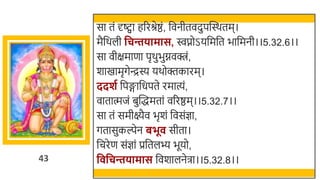 43
सा तं र्दष्ट्वा हररश्रेष्ठं, र्छवनीतवदुपस्वस्र्तम।
मैर्छर्ली वचििामास, िप्नोऽयर्छमर्छत िार्छमनी।।5.32.6।।
सा वीक्षमाणा पृर्ुिुग्नवक्त्रं,
र्ाखमामृगेन्द्रस्य यर्ोक्तकारम।
ददशग र्छपङ्गार्छधपते रमात्यं,
वातात्मजं िुस्वद्धमतां वररष्ठम।।5.32.7।।
सा तं समीक्ष्यैव िृर्ं र्छवसंज्ञा,
गतासुकल्पेन बभू सीता।
र्छचरेण संज्ञां प्रर्छतलभ् िूयो,
व वचििामास र्छवर्ालनेिा।।5.32.8।।
 