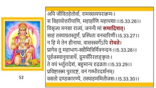 52
अर्छप जीर्छवतहेतोवात, रामस्सत्यपराक्रमः ।
स र्छवहायोत्तरीयार्छण, महाहातर्छण महायर्ाः ।।5.33.26।।
र्छवसृज्य मनसा राज्यं, जनन्यै मां समावदशत्।
साहं तस्याग्रतस्तूणं, प्रस्वस्र्ता वनचाररणी।।5.33.27।।
न र्छह मे तेन हीनाया, वासस्िगेऽर्छप रोचते।
प्रागेव तु महािाग-स्सौर्छमर्छिर्छमतिनन्दनः ।।5.33.28।।
पूवतजस्यानुयािार्े, द्रुमचीरैरलङक
ृ तः ।
ते वयं ितुतरादेर्ं, िहुमान्य र्दढव्रताः ।।5.33.29।।
प्रर्छवष्टास्स्म पुरार्दष्टं, वनं गम्भीरदर्तनम।
वसतो दण्डकारण्ये, तस्याहमर्छमतौजसः ।।5.33.30।।
 