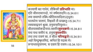56
कल्याणी ित गार्ेयं, लौर्छककी प्रवतभावत मा।
एर्छत जीवन्तमानन्दो, नरं वषतर्तादर्छप।।5.34.6।।
तया समागते तस्वस्म-न्प्रीर्छतरुत्पार्छदताऽदिुता।
परस्परेण चालापं, र्छवश्वस्तौ तौ प्रचक्रतुः ।।5.34.7।।
तस्यास्तिचनं श्रुत्वा, हनुमािररयूर्पः ।
सीतायाश्शोकदीनाया-स्समीपमुपचक्रमे।।5.34.8।।
यर्ा यर्ा समीपं स, हनुमानुपसपगवत।
तर्ा तर्ा रावणं सा, तं सीता पररशङ्कते।।5.34.9।।
अहो र्छधग्दुष्क
ृ तर्छमदं, कर्छर्तं र्छह यदस्य मे।
रूपान्तरमुपागम्य, स एवायं र्छह रावणः ।।5.34.10।।
 