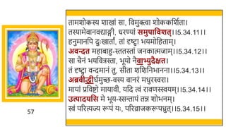 57
तामर्ोकस्य र्ाखमां सा, र्छवमुक्त्वा र्ोककर्छर्तता।
तस्यामेवानवद्याङ्गी, धरण्यां समुपाव शत्।।5.34.11।।
हनुमानर्छप दुः खमातां, तां र्दष्ट्वा ियमोर्छहताम।
अ न्दत महािाहु-स्ततस्तां जनकात्मजाम।।5.34.12।।
सा चैनं ियर्छविस्ता, िूयो नै ाभ्युदैक्षत।
तं र्दष्ट्वा वन्दमानं तु, सीता र्र्छर्र्छनिानना।।5.34.13।।
अब्र ीद्धीघतमुच्छ-वस्य वानरं मधुरिरा।
मायां प्रर्छवष्टो मायावी, यर्छद त्वं रावणस्ियम।।5.34.14।।
उत्पादिवस मे िूय-स्सन्तापं ति र्ोिनम।
िं पररत्यज्य रूपं यः , पररव्राजकरूपध्रुत।।5.34.15।।
 