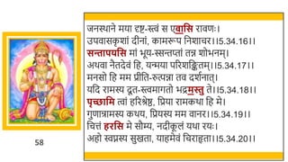 58
जनस्र्ाने मया र्दष्ट-स्त्वं स ए ावस रावणः ।
उपवासक
ृ र्ां दीनां, कामरूप र्छनर्ाचर।।5.34.16।।
सिापिवस मां िूय-स्सन्तप्तां ति र्ोिनम।
अर्वा नैतदेवं र्छह, यन्मया पररर्र्छङ्कतम।।5.34.17।।
मनसो र्छह मम प्रीर्छत-रुत्पिा तव दर्तनात।
यर्छद रामस्य दू त-स्त्वमागतो िद्रमिु ते।।5.34.18।।
पृच्छावम त्वां हररश्रेष्ठ, र्छप्रया रामकर्ा र्छह मे।
गुणान्रामस्य कर्य, र्छप्रयस्य मम वानर।।5.34.19।।
र्छचत्तं हरवस मे सौम्य, नदीक
ू लं यर्ा रयः ।
अहो िप्नस्य सुखमता, याहमेवं र्छचराहृता।।5.34.20।।
 