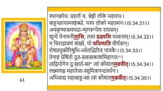 61
स्र्ानक्रोधः प्रहतात च, श्रेष्ठो लोक
े महारर्ः ।
िाहुच्छायामवष्टब्धो, यस्य लोको महात्मनः ।।5.34.31।।
अपक
ृ ष्याश्रमपदा-न्मृगरूपेण राघवम।
र्ून्ये येनापनीतावस, तस्य द्रक्ष्यवस यत्फलम।।5.34.32।।
न र्छचराद्रावणं संख्ये, यो विष्यवत वीयतवान।
रोषप्रमुक्तैररषुर्छि-ज्वतलस्वद्भररव पावक
ै ः ।।5.34.33।।
तेनाहं प्रेर्छषतो दू त-स्त्वत्सकार्र्छमहागतः *।
त्वर्छियोगेन दुः खमातत-स्स* त्वां कौर्लमब्र ीत्।।5.34.34।।
लक्ष्मणि महातेजा-स्सुर्छमिानन्दवधतनः ।
अर्छिवाद्य महािाहु-स्स त्वां कौर्लमब्र ीत्।।5.34.35।।
 