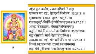9
उष्टरेण क
ु म्भकणति, प्रयाता दर्छक्षणां र्छदर्म।
एकस्ति मया र्दष्टः , श्वेतच्छिो र्छविीषणः ।।5.27.31।।
र्ुक्लमाल्याम्बरधरः , र्ुक्लगन्धानुलेपनः ।
र्ङखमदुन्धुर्छिर्छनघोषै-नृतत्तगीतैरलङक
ृ तः ।।5.27.32।।
आरुह्य र्ैलसङ्कार्ं, मेघस्तर्छनतर्छनस्िनम।
चतुदतन्तं गजं र्छदव्-मास्ते ति र्छविीषणः ।।5.27.33।।
चतुर्छितस्सर्छचवैः सार्ं, वैहायसमुपस्वस्र्तः ।
समाजि मया र्दष्टो, गीतवार्छदिर्छनः िनः ।।5.27.34।।
र्छपितां रक्तमाल्यानां, रक्षसां रक्तवाससाम।
लङ्का चेयं पुरी रम्या, सवार्छजरर्क
ु ञ्जराः ।।5.27.35।।
 