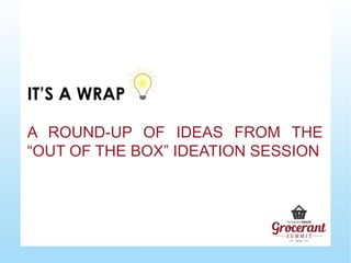 IT’S A WRAP
A ROUND-UP OF IDEAS FROM THE
“OUT OF THE BOX” IDEATION SESSION
 