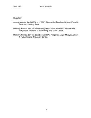 MZU3117 Muzik Malaysia
RUJUKAN
Jasman Ahmad dan Siti Zainon (1996). Ghazal dan Dondang Sayang, Penerbit
Setiamas, Petaling Jaya.
Matusky, Patricia dan Tan Sooi Beng (1997). Muzik Malaysia: Tradisi Klasik,
Rakyat dan Sinkretik. Pulau Pinang: The Asian Centre.
Matusky, Patricia dan Tan Sooi Beng (1997). Pengantar Muzik Malaysia, Buku
1, Pulau Pinang: The Asian Centre.
6
 