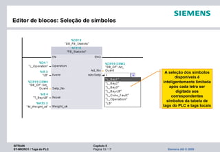 SITRAIN Capítulo 5
ST-MICRO1 / Tags do PLC Página 13 / 17 Siemens AG © 2009
Editor de blocos: Seleção de símbolos
A seleção dos símbolos
disponíveis é
inteligentemente limitada
após cada letra ser
digitada aos
correspondentes
símbolos da tabela de
tags do PLC e tags locais
 