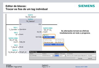 SITRAIN Capítulo 5
ST-MICRO1 / Tags do PLC Página 15 / 17 Siemens AG © 2009
Editor de blocos:
Trocar os fios de um tag individual
As alterações tornam-se efetivas
imediatamente em todo o programa.
 