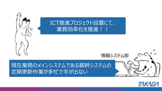 ICT推進プロジェクト設置にて、
業務効率化を推進！！
現在業務のメインシステムである基幹システムの
定期更新作業が多忙で手が出ない
情報システム部
 