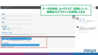 データの取得、ルックアップ、関連レコード、
帳票出力プラグインを活用してます
 