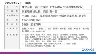 商 号 株式会社 高田工業所（TAKADA CORPORATION）
代 表 者 代表取締役社長 髙田 寿一郎
本 社 所 在 地 〒806-8567 福岡県北九州市八幡西区築地町1番1号
創 業 1940年9月26日
資 本 金 36億4,235万円
従 業 員 数 社員1,475名 （事務：211名 技術：464名 技能：655名 その他
145名）※2021年4月1日現在
事 業 概 要 • 鉄鋼、化学、石油、ガス、電力、原子力、海洋開発、都市開発、自動車、
通信、新素材、バイオテクノロジー、エレクトロニクス、ガラス、食品、医薬品、
物流などの各種産業設備および水処理、廃棄物処理他、公害防止設備などに
関する設計、製作、据付、配管、電気、計装
• 上記各産業分野の設備・機器・装置のメンテナンス（保全・修理）
• 技術開発および試験研究の受託、他
概要
COMPANY｜
 